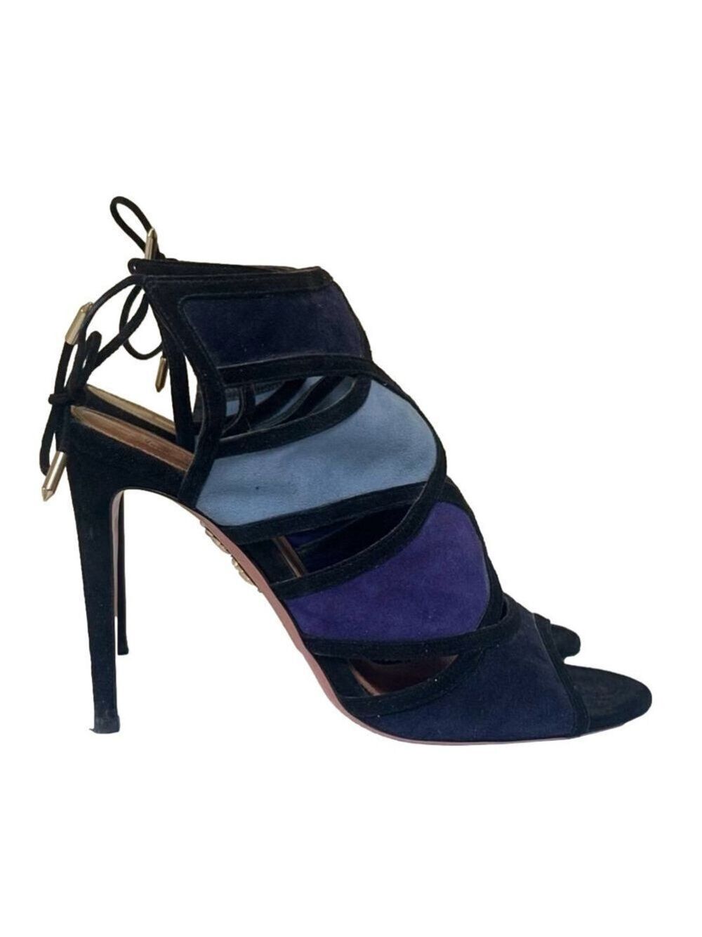 Aquazzura Vika Sandal High Heel Stiletto Suede Ankle Tie Cut Out Blue Black 39.5